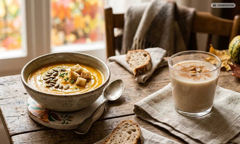 Vellutata di zucca e la bevanda vegetale a base di castagne
